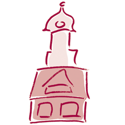 Ein einfaches, skizziertes Gebäude mit einem Turm. Die Farbgebung ist in sanften Rottönen gehalten.