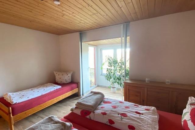 Ein helles Zimmer mit zwei Betten und einem Holzfußboden. Große Fenster bieten Blick auf einen Balkon und eine Pflanze steht im Raum.