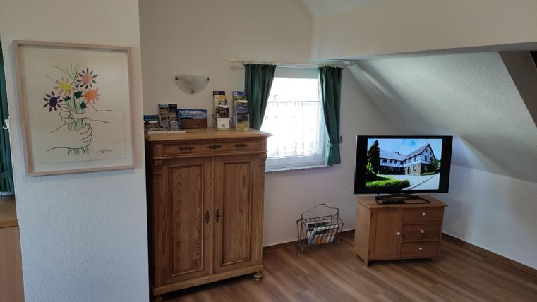 Ein helles Zimmer mit einem Holzmöbelstück und einem Fernseher. An der Wand hängt ein farbenfrohes Bild und das Fenster hat grüne Vorhänge.