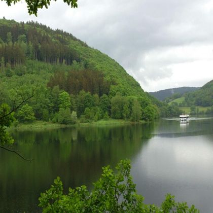 Ein ruhiger See umgeben von grünen Hügeln und Bäumen. Im Hintergrund ist ein kleines Boot zu sehen.