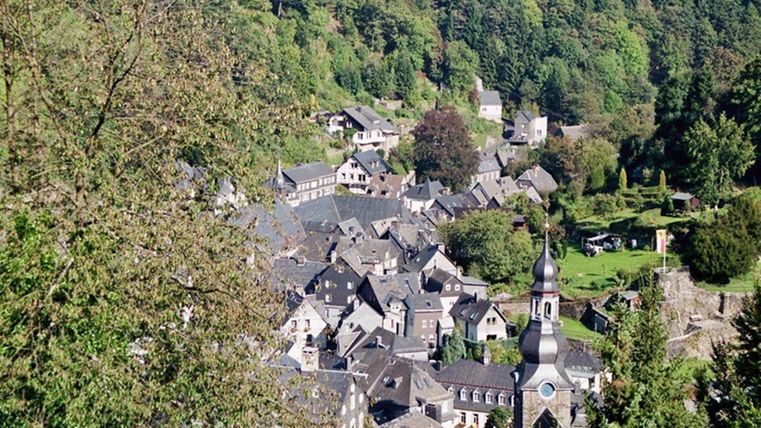 Ein malerisches Dorf umgeben von grünen Wäldern. Die charmanten Häuser und die Kirche prägen die Landschaft.