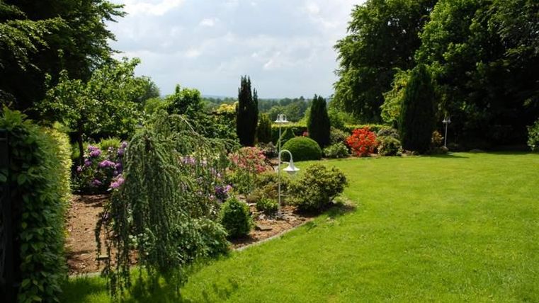 Ein schöner Garten mit bunten Blumen und gepflegtem Rasen. Im Hintergrund sind Bäume und ein klarer Himmel zu sehen.