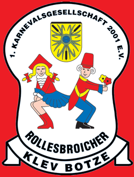 Ein farbenfrohes Logo mit einem rot-weißen Hintergrund. Es zeigt ein Paar in Karnevalskostümen, das fröhlich zusammen tanzt.