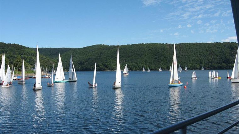 Eine ruhige Seenlandschaft mit vielen Segelbooten. Grüne Hügel im Hintergrund und ein blauer Himmel ergänzen die Szenerie.
