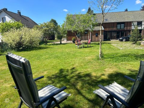 Ein ruhiger Garten mit zwei Liegestühlen und grüner Wiese. Im Hintergrund sind Bäume und ein Holzhaus zu sehen.