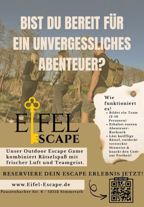 Eine Werbung für ein Outdoor Escape Game, die ein spannendes Abenteuer verspricht. Gruppen von 2-10 Personen können Rätsel lösen und ihren Teamgeist testen.