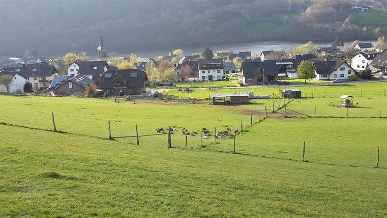 Eine malerische ländliche Szene mit grünen Wiesen und mehreren Häusern. Im Hintergrund ist ein Fluss und sanfte Hügel zu sehen.
