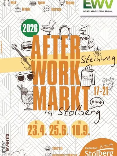 Ein Plakat für den After Work Markt in Stolberg. Es zeigt verschiedene Symbole für Essen, Getränke und Unterhaltung.