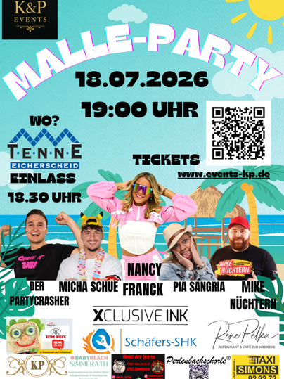 Eine bunte Partyeinladung für die Malle-Party am 18. Juli 2026. Die Veranstaltung findet in der Tenne Eicherscheid statt und zeigt eine gemütliche Atmosphäre mit fröhlichen Charakteren.