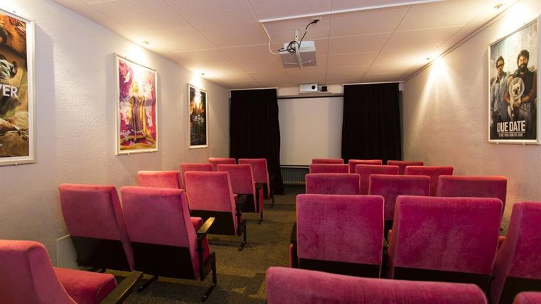 Ein kleiner Kinosaal mit pinken Sitzen und einem Projektor an der Decke. An den Wänden sind mehrere Filmplakate zu sehen.