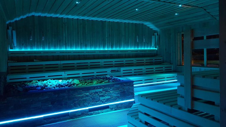 Ein modernes Saunainneres mit blauen LED-Lichtern und Holzregalen. Die entspannende Atmosphäre lädt zum Relaxen ein.