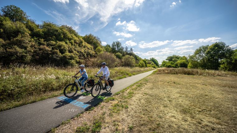 Zwei Radfahrer fahren auf einem ruhigen Weg durch die Natur. Im Hintergrund sind grüne Bäume und ein blauer Himmel zu sehen.