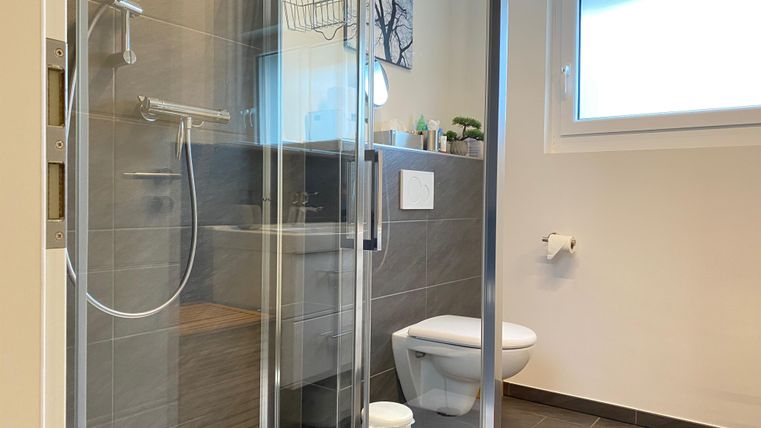 Ein modernes Badezimmer mit einer begehbaren Dusche und einer Toilette. Große Fenster sorgen für natürliches Licht.
