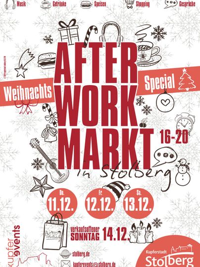 Ein Poster für den After Work Markt in Stolberg, das Informationen über die Veranstaltung enthält. Es zeigt das Datum, die Uhrzeit und weihnachtliche Motive.