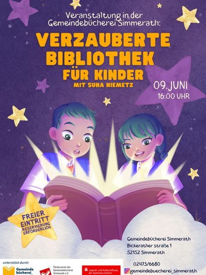 Eine bunte Einladung zur Veranstaltung "Verzauberte Bibliothek für Kinder". Die Grafik zeigt zwei Kinder, die fasziniert in ein Buch schauen, umgeben von Sternen.