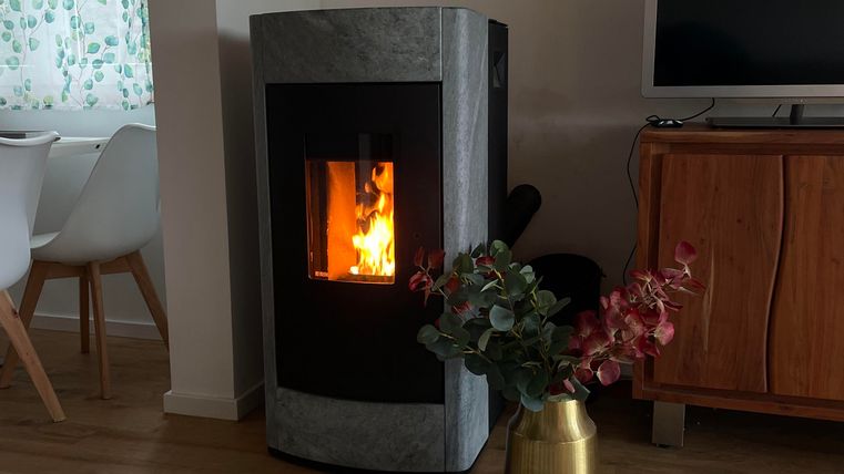 Ein moderner Holzofen mit flammendem Feuer steht in einem gemütlichen Raum. Im Vordergrund gibt es eine Vase mit bunten Blumen und einen Teppich.