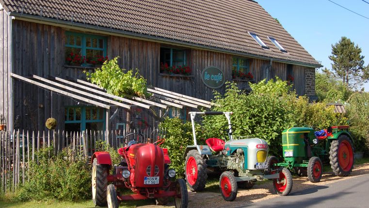 Drei alte Traktoren stehen vor einem naturnahen Holzhaus. Im Hintergrund sind grüne Pflanzen und ein blauer Himmel zu sehen.