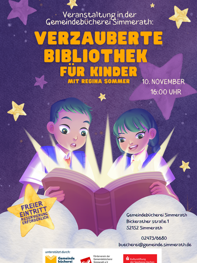 Eine bunte Grafik für eine Veranstaltung in der Bibliothek. Zwei Kinder lesen ein Buch und es gibt Sterne und magische Elemente im Hintergrund.