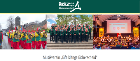 Das Bild zeigt verschiedene Szenen des Musikvereins „Eifelkänge Eicherscheid“. Zu sehen sind eine bunte Parade, eine Gruppe von Musikern und eine Live-Aufführung im Konzertsaal.