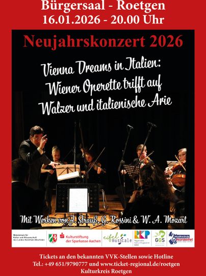 Ein Plakat für ein Neujahrskonzert mit dem Titel „Vienna Dreams in Italien“. Es zeigt Musiker, die auf der Bühne spielen, und enthält Informationen zu Datum und Ort der Veranstaltung.
