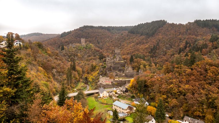 Blick auf die Manderscheider Burgen in herbstlicher Landschaft.