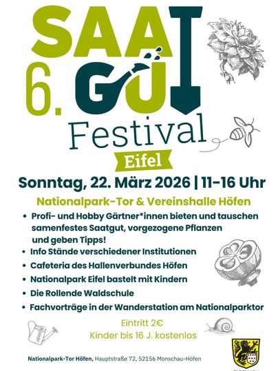 Ein Banner für das 5. Saatgut-Festival in der Eifel. Es findet am Sonntag, den 16. März 2025, von 11 bis 17 Uhr im Nationalpark-Tor und der Vereinshalle Höfen statt.