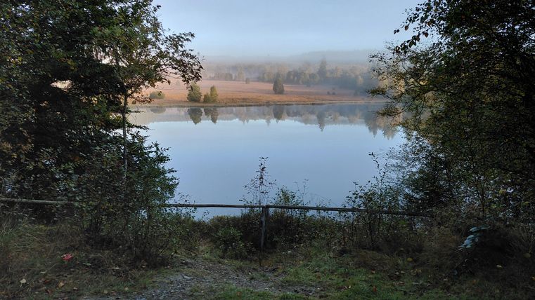 Eine ruhige Landschaft mit einem stillen See und Nebel über dem Wasser. Umgeben von Bäumen und sanften Hügeln.