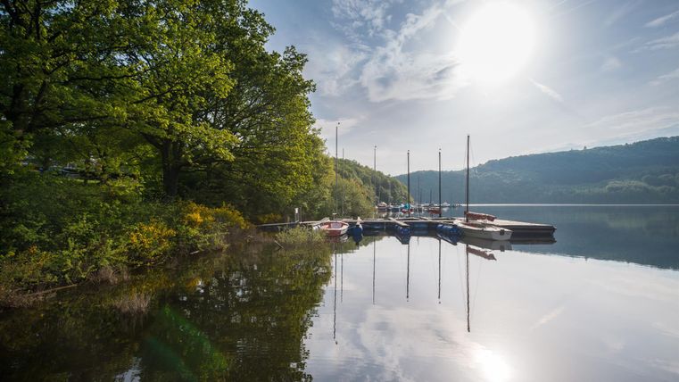 Ein ruhiger See umgeben von Bäumen und einer Bootsanlegestelle. Die Sonne scheint hell über dem Wasser und spiegelt sich darin.