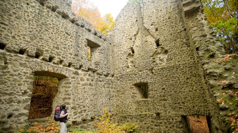 Ein Wanderer steht vor den Ruinen einer alten Steinmauer im Wald.