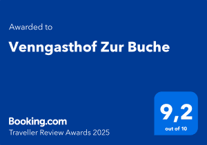Eine Auszeichnung für den Venngasthof Zur Buche. Die Bewertung beträgt 9,2 von 10 auf Booking.com für die Traveller Review Awards 2025.