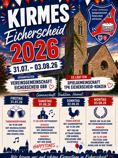 Ein Plakat für die Kirmes in Eicherscheid 2026. Es enthält die Veranstaltungstermine und Informationen über die Aktivitäten.