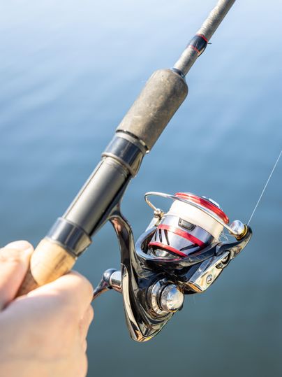 Eine Hand hält eine Angelrute mit einer modernen Rolle. Im Hintergrund sieht man ruhiges Wasser.