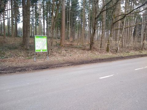 Ein Wegweiser steht am Straßenrand in einem Wald. Die Umgebung ist von Bäumen und frisch aufgeräumtem Boden umgeben.