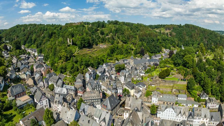 Eine malerische Stadt umgeben von üppigem Grün und sanften Hügeln. Die Architektur ist typisch für die Region, mit vielen charmanten Fachwerkhäusern.