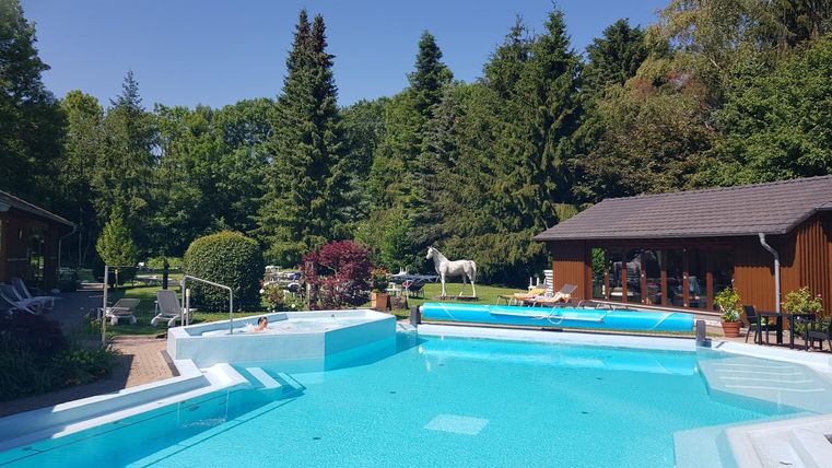 Ein einladender Außenpool umgeben von Bäumen und blühenden Pflanzen. Im Hintergrund sind gemütliche Holzhütten zu sehen.