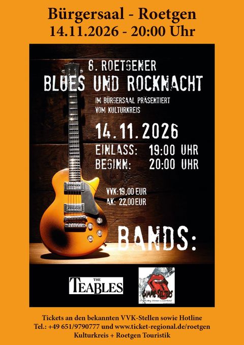 Ein Plakat für die 6. Roetgener Blues- und Rocknacht im Bürgersaal. Das Event findet am 14. November 2026 statt und beginnt um 20:00 Uhr.
