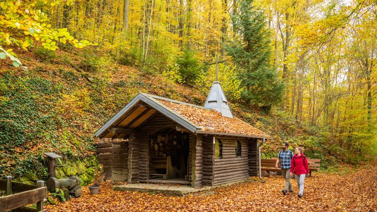 Eine gemütliche Holzhütte in einem bunte Laubwald. Zwei Personen spazieren auf einem mit Blättern bedeckten Weg vorbei.