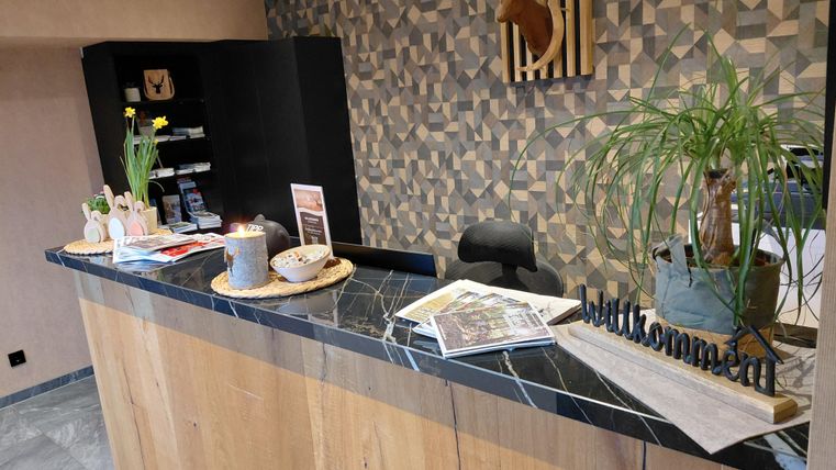 Ein moderner Empfangsbereich mit einer stilvollen Theke schwarzem Stein. Eine dekorative Wand mit geometrischem Muster und Pflanzen schafft eine einladende Atmosphäre.