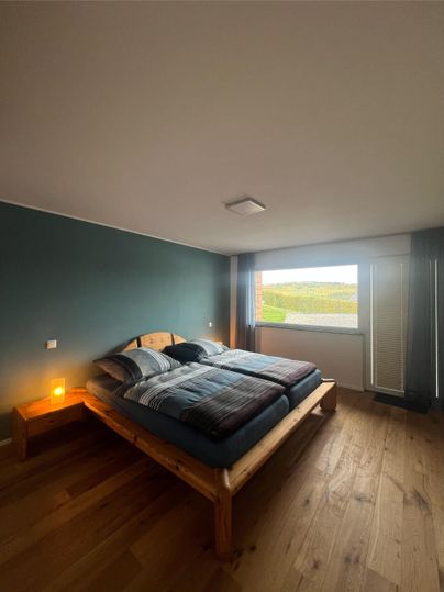 Ein modernes Schlafzimmer mit einem großen Holzbett und bequemen Bettwaren. Durch das Fenster ist ein Blick auf die grüne Landschaft zu sehen.