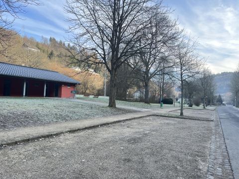 Ein ruhiger Park mit kahlen Bäumen und frostigem Boden. Im Hintergrund sind Gebäude und sanfte Hügel zu sehen.