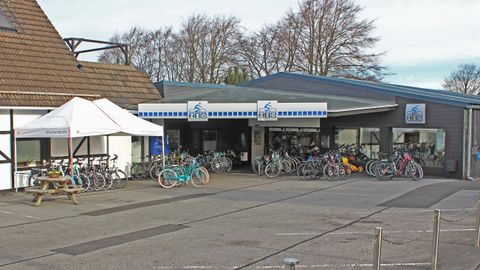 Ein Fahrradgeschäft mit mehreren Fahrrädern vor dem Eingang. Im Hintergrund sind Bäume und ein klarer Himmel zu sehen.