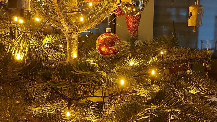 Ein geschmückter Weihnachtsbaum mit bunten Kugeln und Lichtern. Die goldenen Lichter sorgen für eine festliche Atmosphäre.