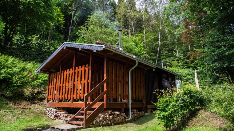 Ein gemütliches Holzhaus inmitten von Bäumen. Der Garten ist grün und gut gepflegt, ideal für Erholung in der Natur.