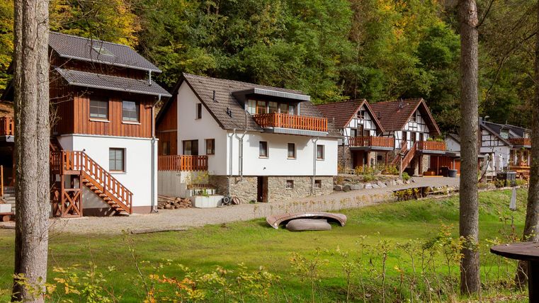 Eine Reihe von charmanten Ferienhäusern in einer grünen Landschaft. Im Hintergrund sind Bäume und eine ruhige Umgebung zu sehen.