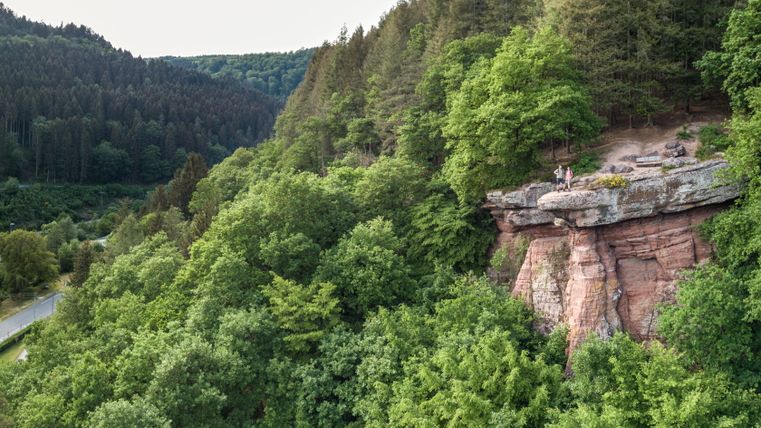 Zwei Personen stehen auf einem Felsen inmitten eines dichten Waldes.