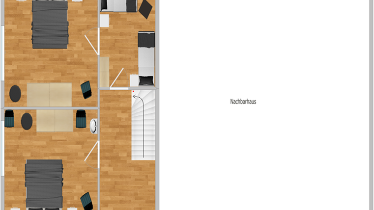 Ein Grundriss mit mehreren Zimmern, einschließlich Schlafzimmer und Aufenthaltsräumen. Es gibt eine Treppe und einen direkt angeschlossenen Nachbarn.