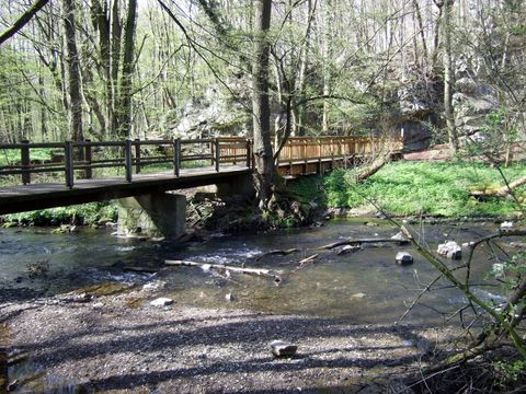 Holzbrücke über einen Bach in einem Waldgebiet.