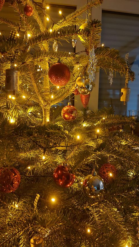 Ein geschmückter Weihnachtsbaum mit bunten Kugeln und glitzernden Lichtern. Die warmen Lichter sorgen für eine festliche Atmosphäre.