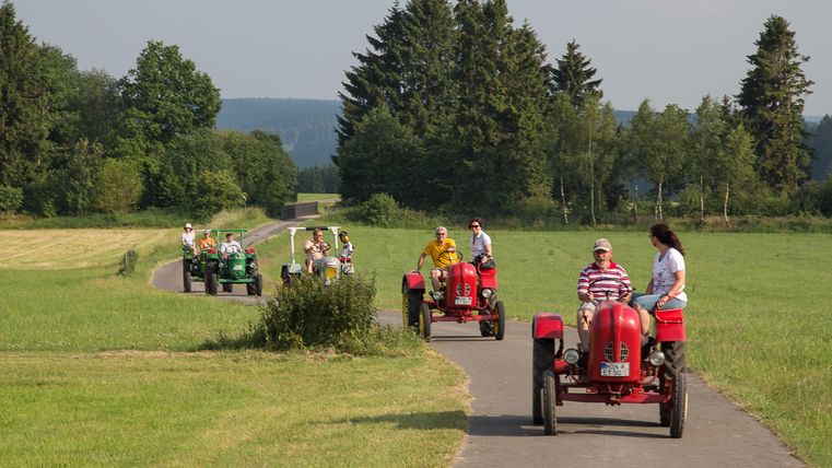 Eine Gruppe von Personen fährt in roten Traktoren auf einem malerischen Landweg. Umgeben von grünen Wiesen und Bäumen genießen sie die ländliche Umgebung.