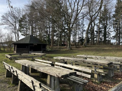 Eine rustikale Grillstelle mit langen Holztischen und Bänken. Im Hintergrund befinden sich grüne Bäume und eine kleine Hütte.